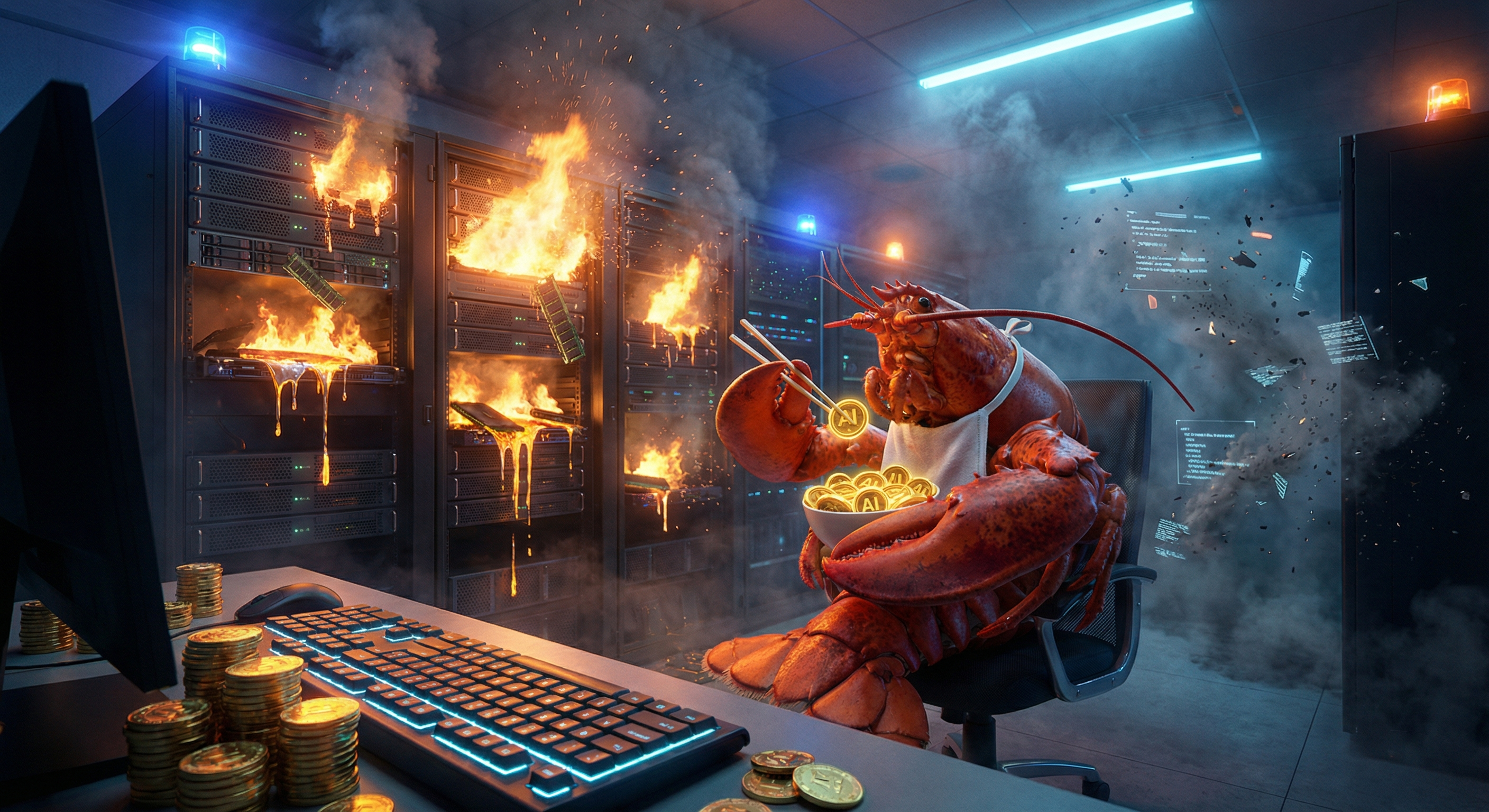 A lobster eating AI tokens in a server room